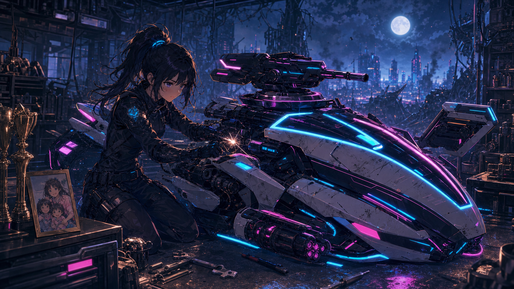 Neon Shinigami: Airbike Rebellion artwork showing a pilot repairing a neon-lit combat airbike beneath a moonlit city skyline