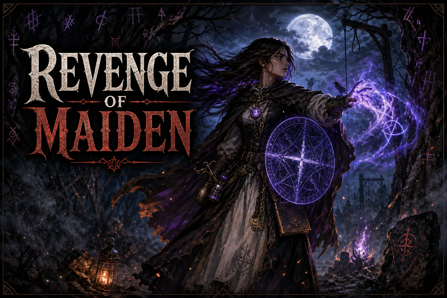 Revenge of Maiden artwork showing a witch heroine casting magic in moonlit Gallows Wood