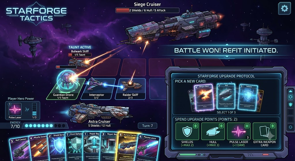 Starforge Tactics gameplay showing a tactical space battle with ships, cards, upgrades, and a battle won screen